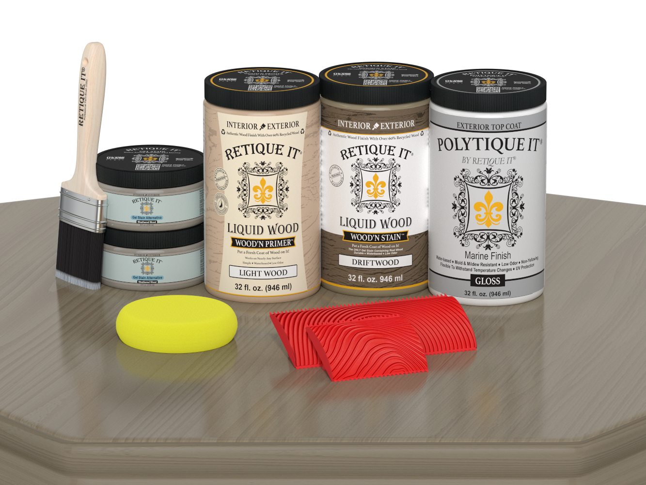 Large Wood'n Kit by Retique It® with driftwood finish and gloss exterior top coat, shown with wood sample and application tools.