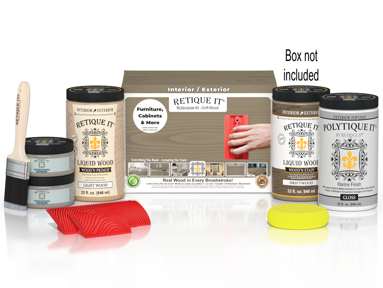 Large Wood'n Kit by Retique It® with drift wood finish, includes exterior top coat and tools for multi-purpose wood projects.