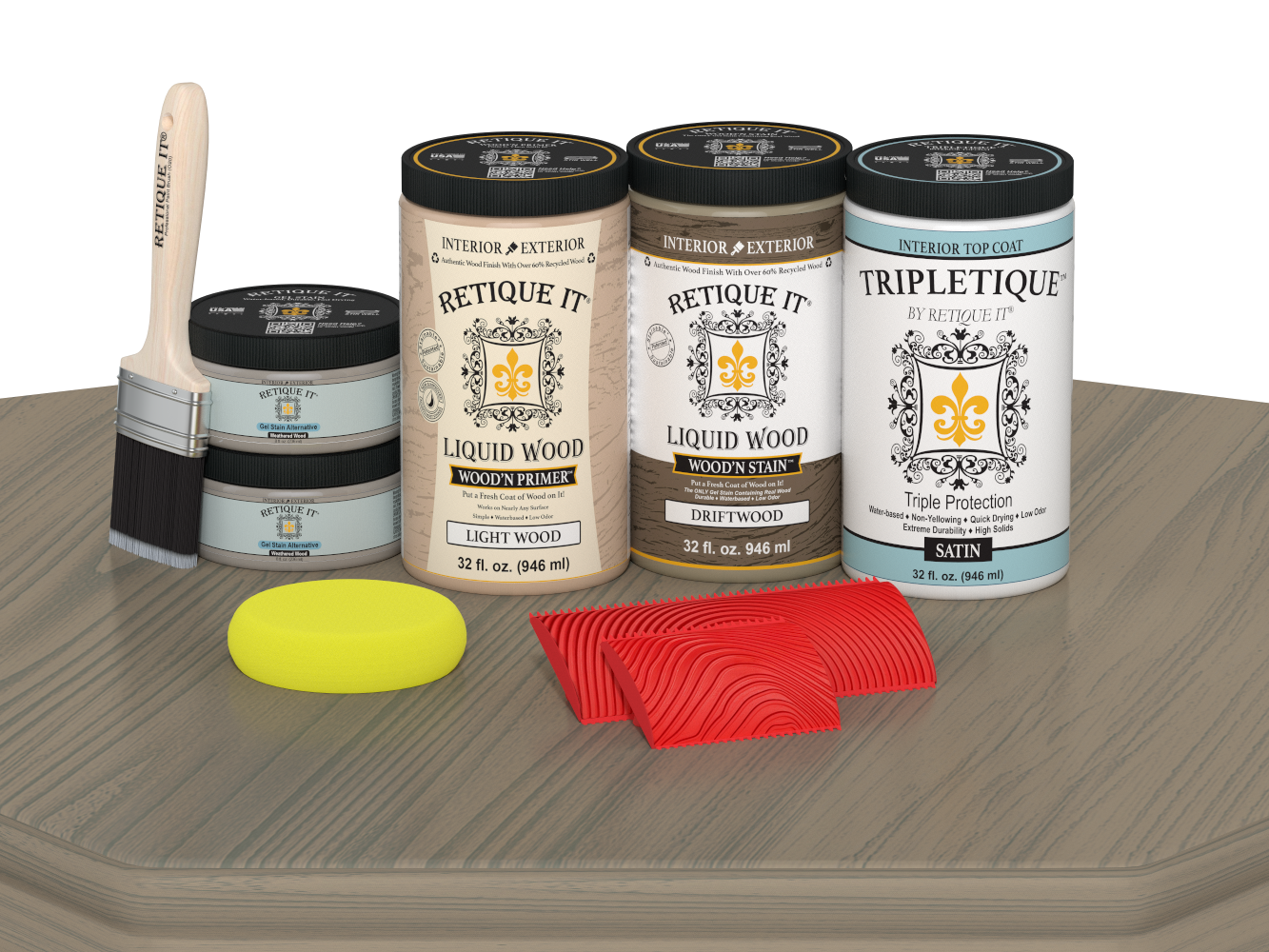 Retique It Wood'n Finish Kit with four large driftwood stain jars, satin finish, for tabletop wood furniture.