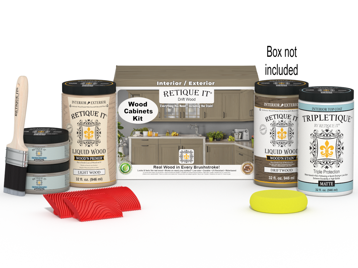 Retique It® Drift Wood countertop stain kit with sample box showcasing natural wood finish for full kitchen cabinetry.