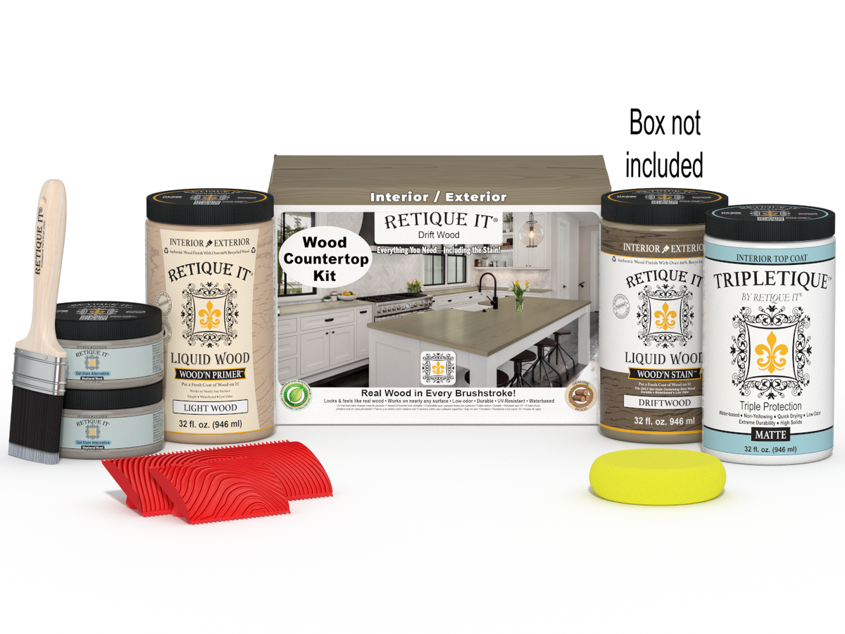 Retique It® Drift Wood countertop kit with stain, showing a finished wooden kitchen surface on a countertop.