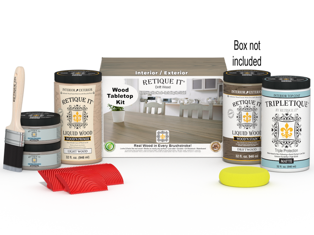 Retique It Wood'n Finish Kit for tabletops, includes four large Drift Wood stain bottles with application box.