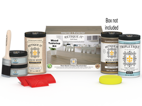 Retique It Wood'n Finish Kit in Drift Wood stain for tabletops, includes four large stain bottles with packaging visible.