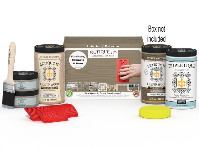 Large Wood'n Kit from Retique It with drift wood finish, includes interior top coat and finishing supplies for wood projects.