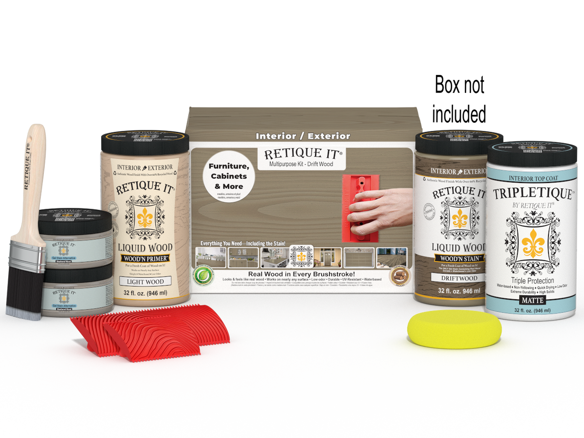 Large Wood'n Kit by Retique It® with driftwood finish, includes top coat and tools for interior woodworking projects.
