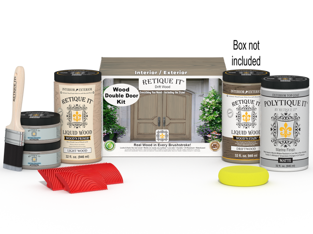 Double wood front door kit by Retique It in Drift Wood stain, showcasing the natural wood finish and detailed design.