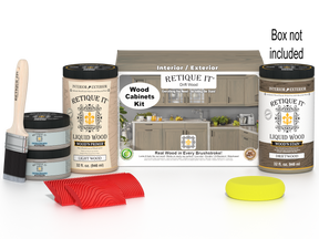 Retique It Wood'n Cabinet Kit with 12 grained driftwood-stained cabinet doors, showcasing natural wood texture and finish.