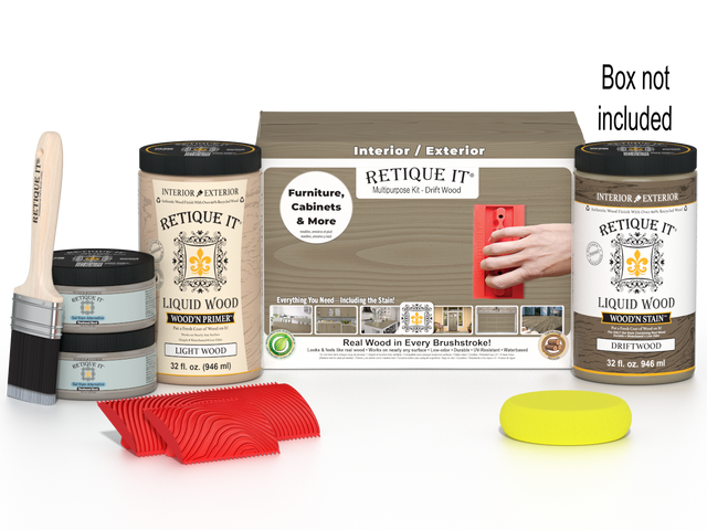 Large Retique It Wood'n Finish Kit with driftwood-colored wood finish and tools for multi-purpose woodworking projects.