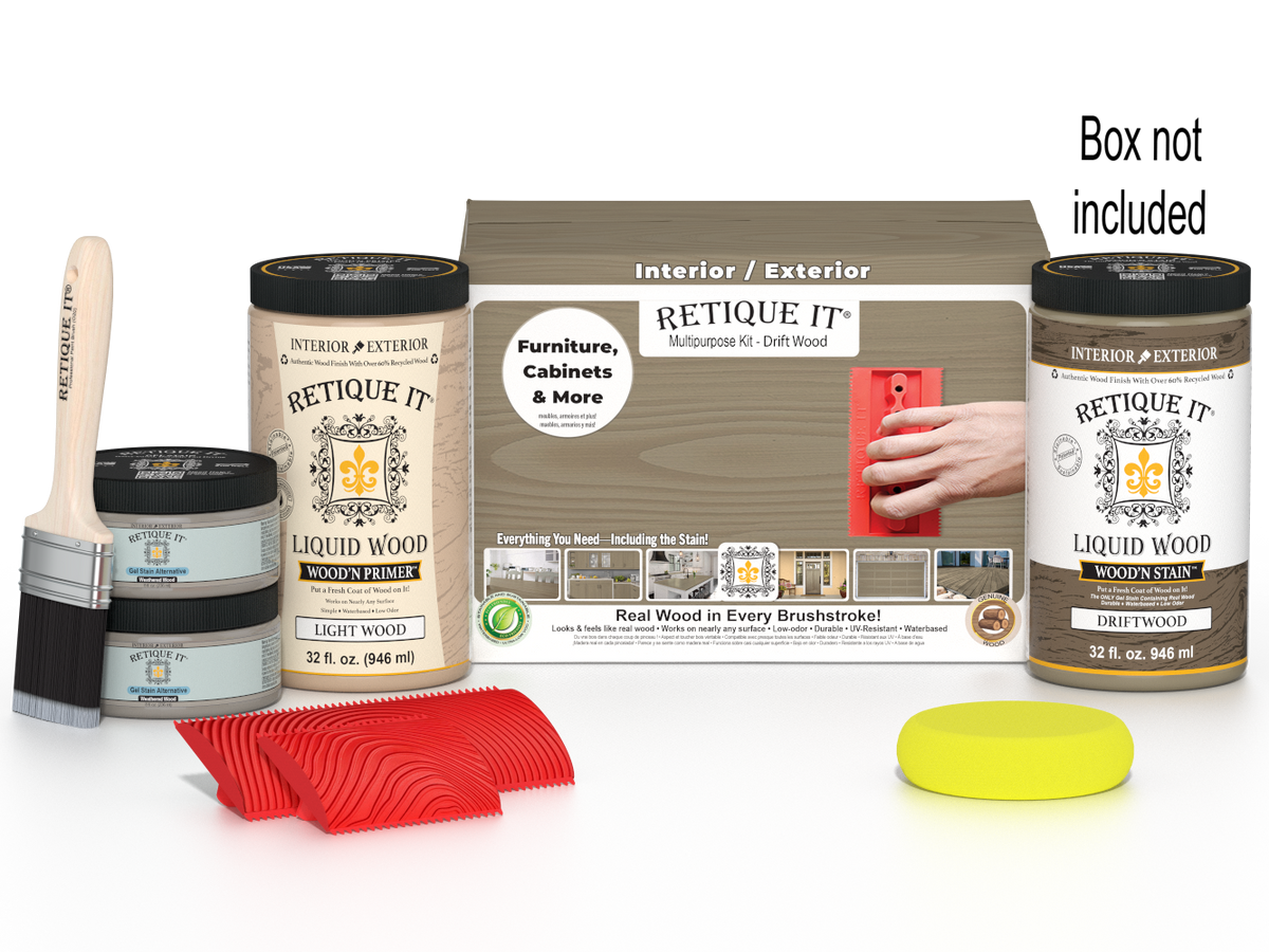 Large Wood'n Kit by Retique It® with driftwood finish, featuring multiple wood finishing tools and supplies for woodworking projects.