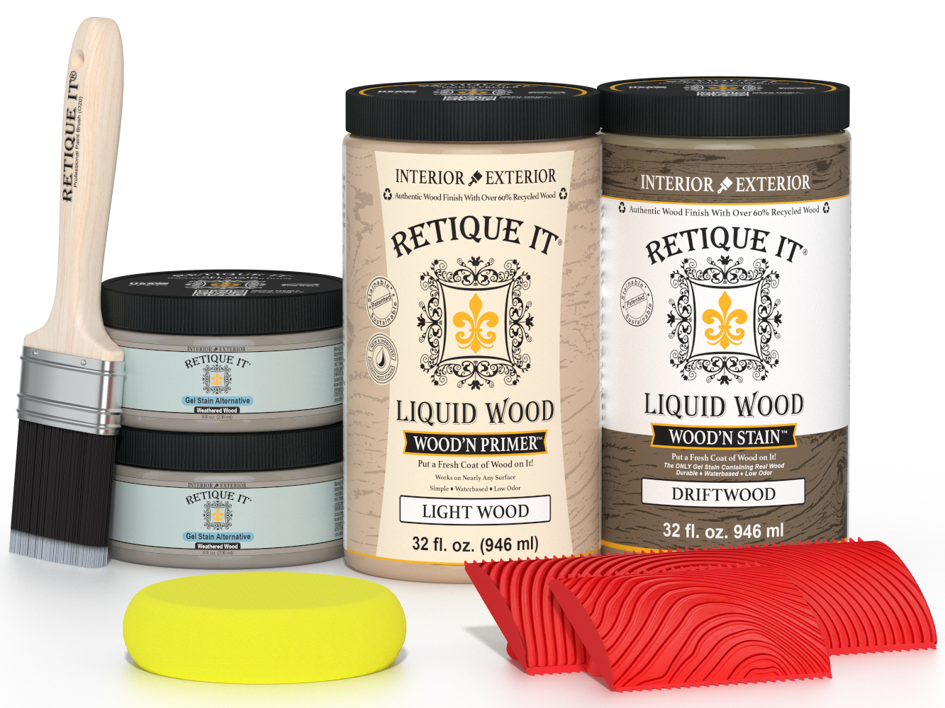 Large Drift Wood Wood'n Finish Kit by Retique It® with multiple wood stains and finishing tools for versatile wood projects.