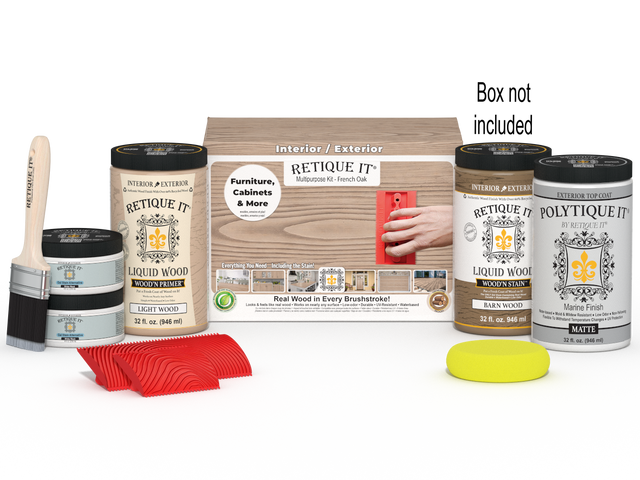 Large French Oak Wood'n Finish Kit by Retique It with exterior top coat and tools for wood finishing projects.
