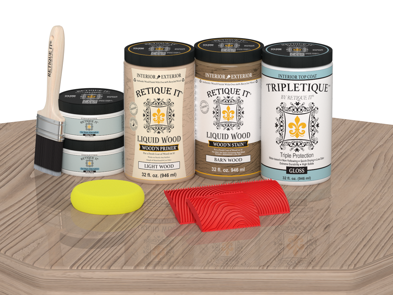 Large French Oak Wood'n Finish Kit by Retique It® with glossy interior top coat, shown on a table.