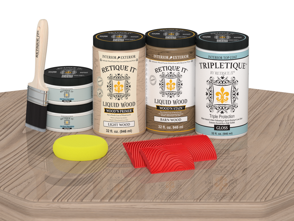 Retique It® French Oak countertop kit with glossy stain finish on a kitchen countertop, showcasing wood grain and rich color.