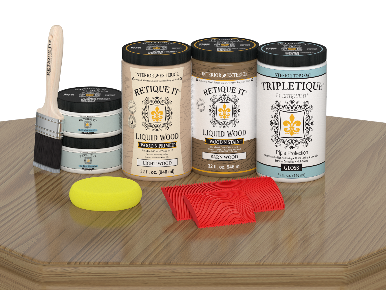 Glossy French Oak Wood'n Finish Kit by Retique It® for interior wood projects, includes large Multi-purpose Wood'n Kit for top coating.