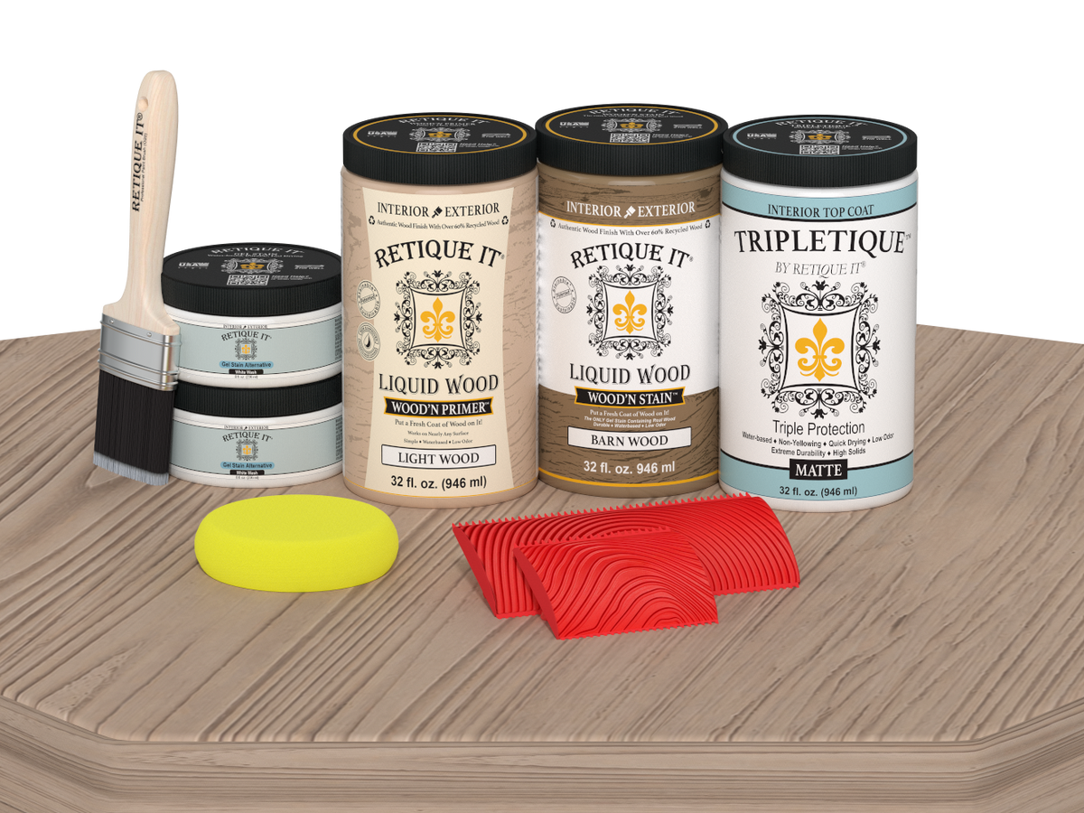 Retique It® Wood'n Cabinet Kit with French Oak stain, matte finish, featuring 12 grained cabinet doors on a table surface.