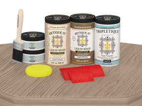 Retique It® Wood'n Kit Large French Oak interior top coat, matte finish on wood surface, including tools and product packaging.