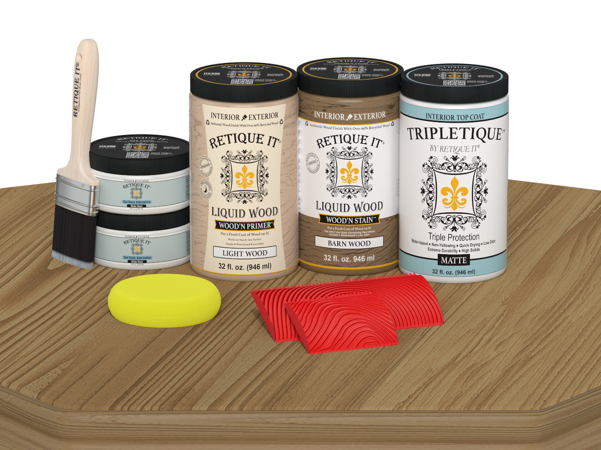 Retique It® French Oak countertop kit stain applied to a kitchen countertop with a matte finish, showcasing the wood grain and color.