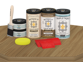 Large French Oak Wood'n Finish Kit by Retique It® for interior top coating, includes matte finish wood surface with tools and materials.