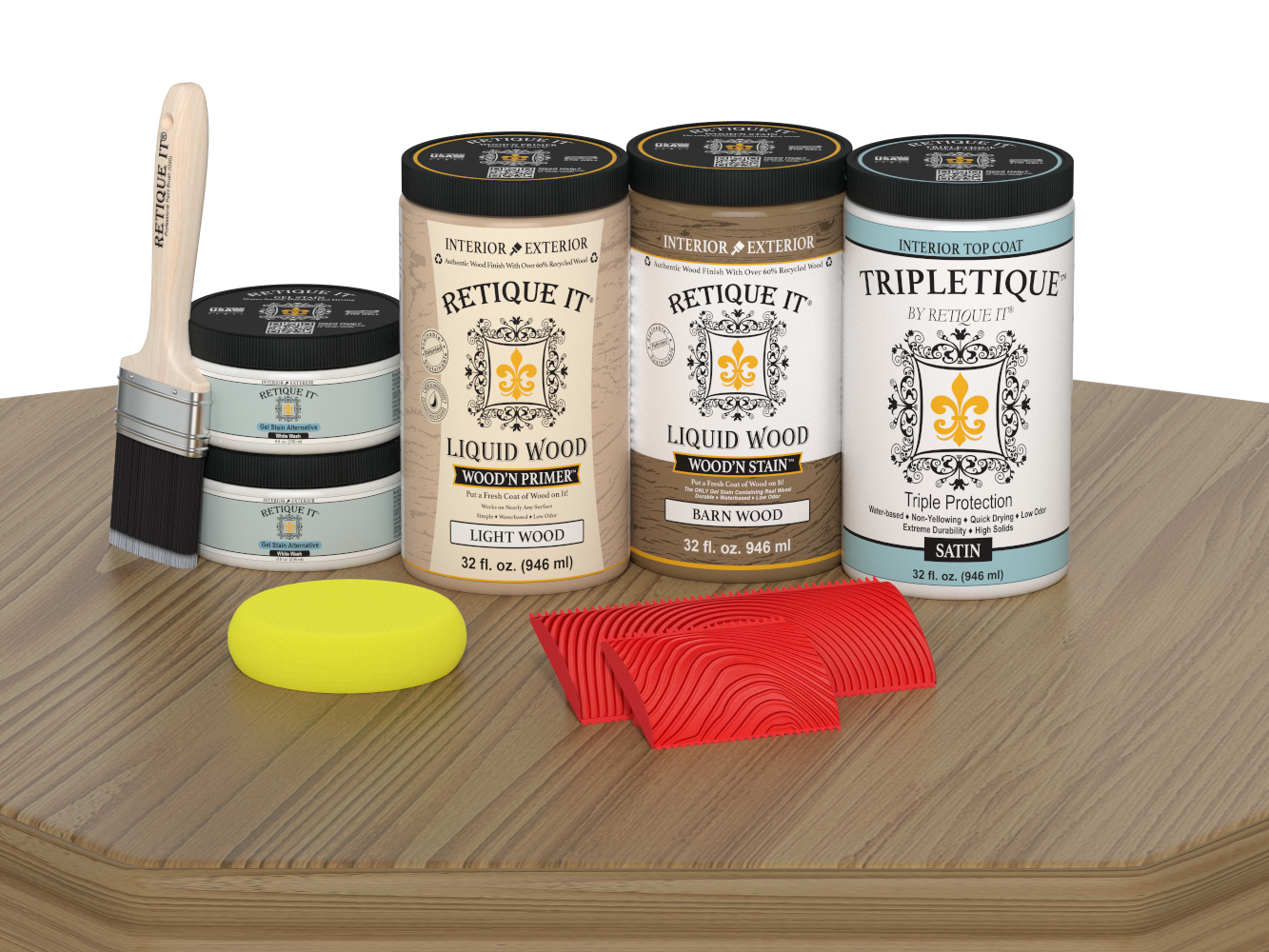 Large French Oak Wood'n Finish Kit by Retique It® with satin top coat for interior wood projects, shown on a table.