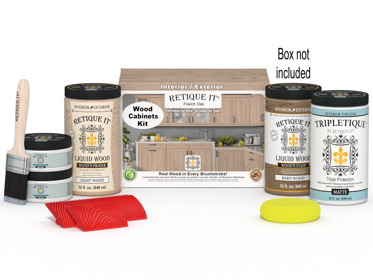Retique It® Wood'n Cabinet Kit with 12 French Oak stained doors, grained wood finish, and packaging, ideal for cabinet renovation.
