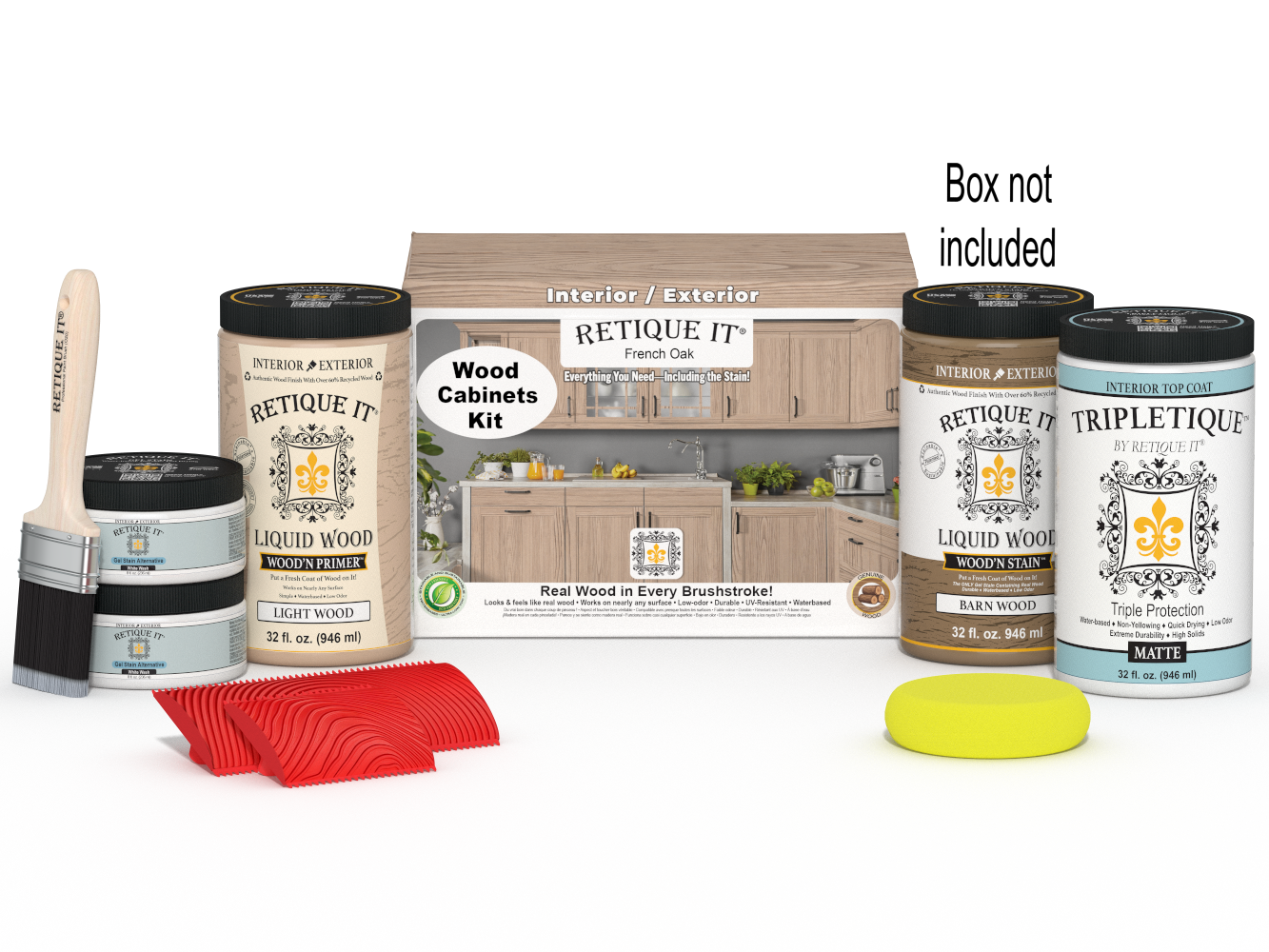 Retique It® Wood'n Cabinet Kit with 12 French Oak stained doors, grained wood finish, and packaging, ideal for cabinet renovation.