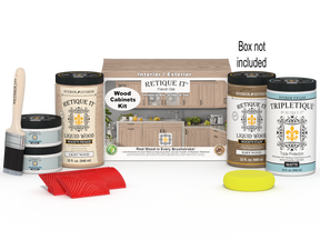 Retique It® Wood'n Cabinet Kit with 12 French Oak stained doors, grained wood finish, and packaging, ideal for cabinet renovation.