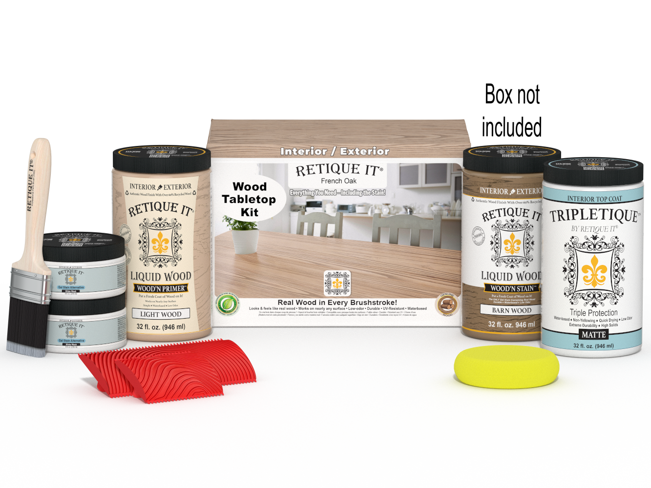 Retique It Wood'n Finish Kit French Oak stain set with four large bottles for tabletop wood finishing and staining.