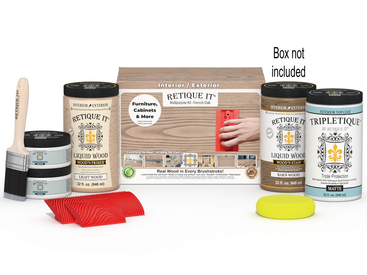 Retique It® French Oak countertop stain kit with stain bottles and application tools for full kitchen renovation.