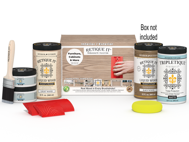 Large French Oak Wood'n Finish Kit by Retique It for interior top coating of wood surfaces, includes wood and finish components.