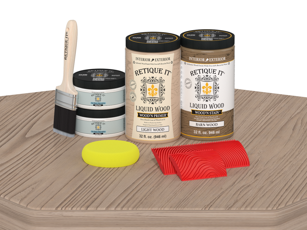 Retique It® Wood'n Cabinet Kit with French Oak stain, showing 12 grained cabinet doors on a wooden table.