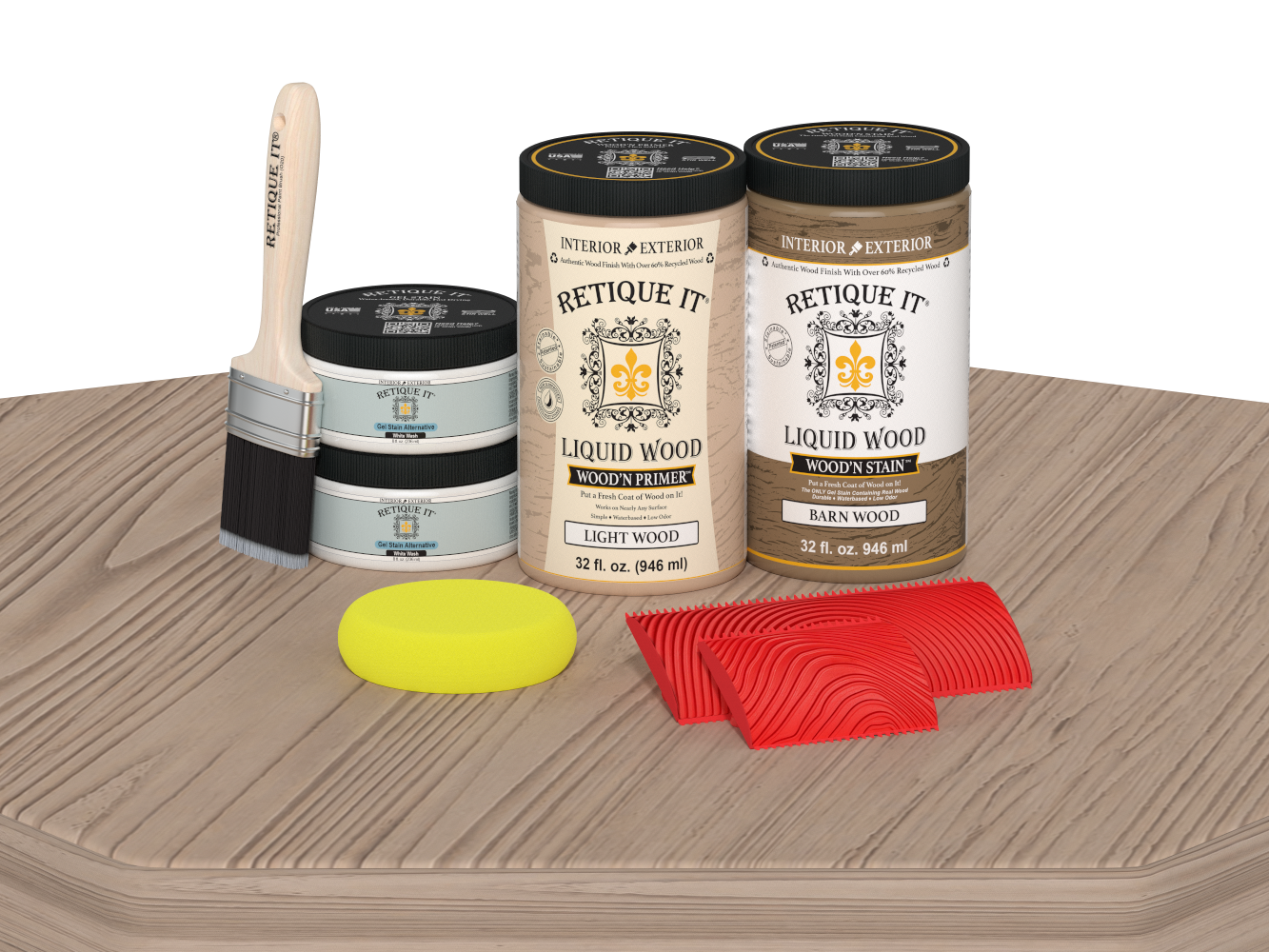 Retique It® Wood'n Cabinet Kit with French Oak stain, showing 12 grained cabinet doors on a table for a wood furniture project.