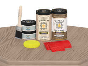 Retique It® Wood'n Cabinet Kit with French Oak stain, showing 12 grained cabinet doors on a table for a wood furniture project.
