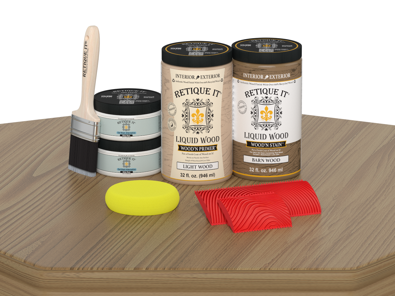 Large French oak Wood'n Finish Kit by Retique It® for multi-purpose wood finishing, shown on a table surface.