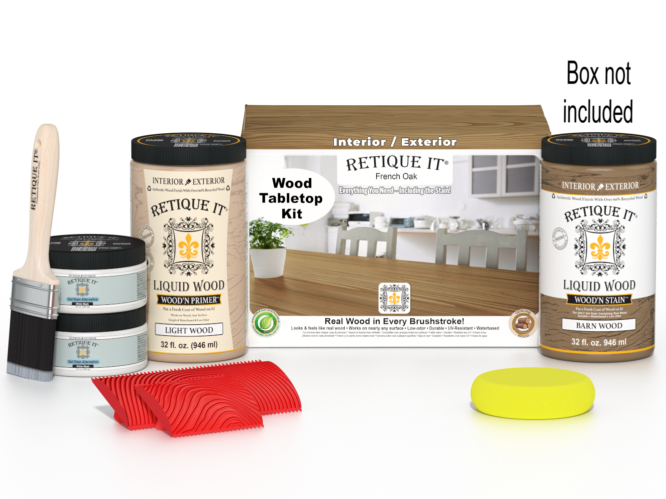 Retique It® Wood'n Finish Kit in French Oak stain with four large containers, designed for wood table finishing projects.