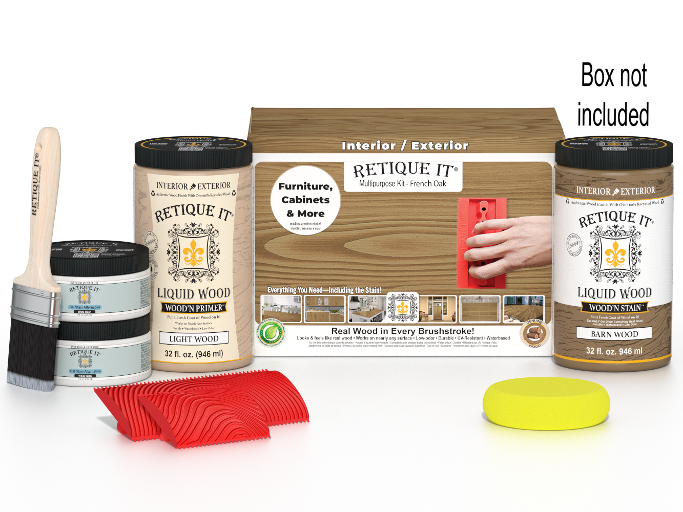 Large French oak Wood'n Finish Kit by Retique It® with wood stain and finishing supplies in a white box.