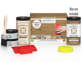Large French oak Wood'n Finish Kit by Retique It® with wood stain and finishing supplies in a white box.