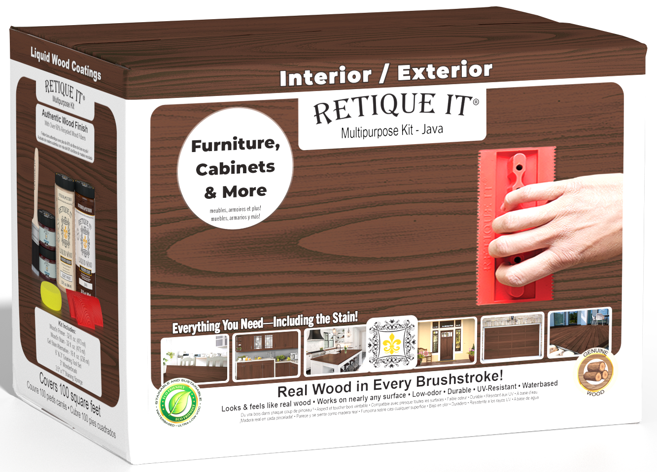 Large Retique It® Wood'n Kit Java interior top coat in box, multi-purpose wood finish kit for furniture and wood projects