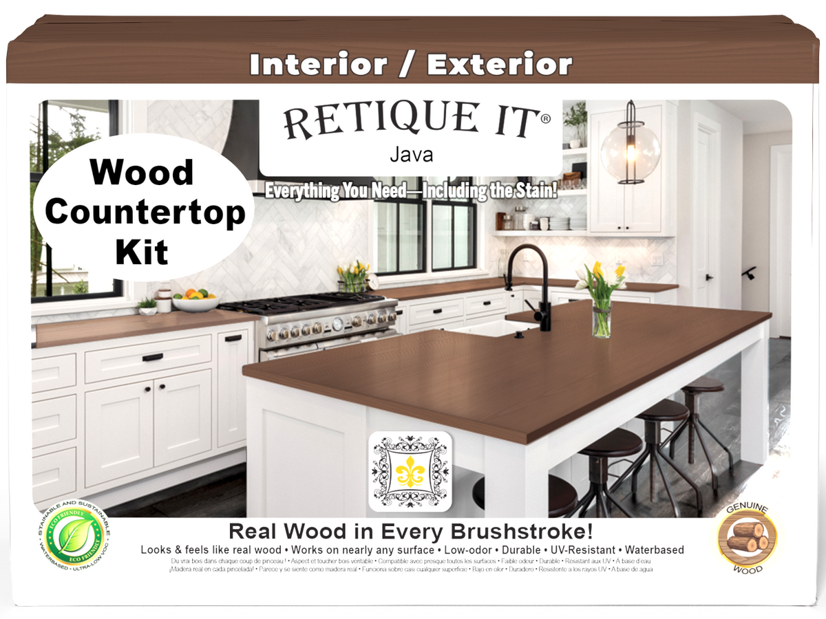 Retique It® Java countertop kit with full kitchen stains, showcasing a natural wood finish on a modern kitchen surface.