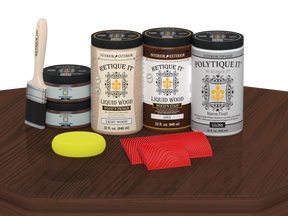 Retique It® Wood'n Finish Front Door Kit (Double) in Java stain with glossy finish, displayed on a table.
