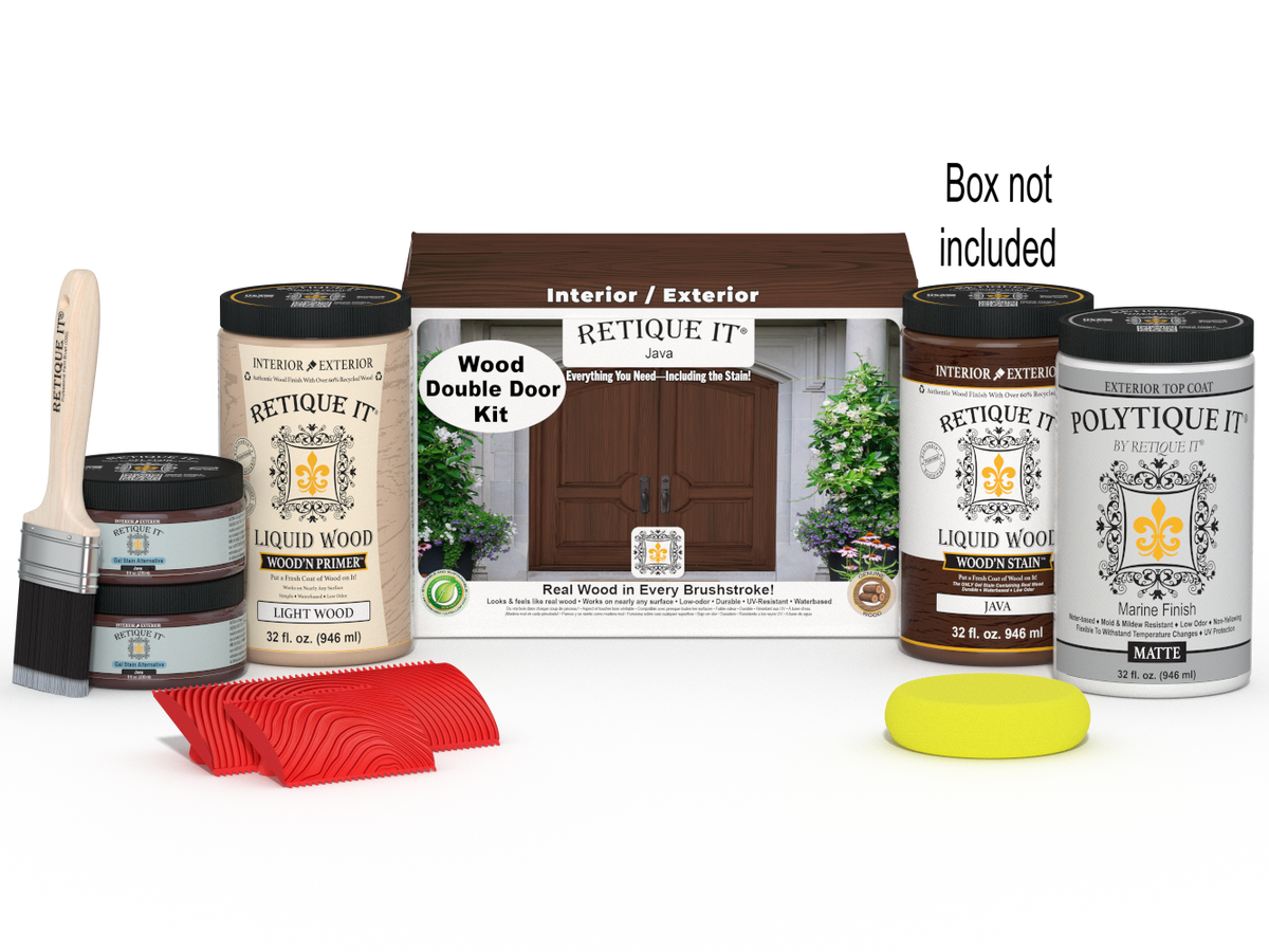 Retique It® Wood'n Finish Java stain front door kit for double doors, featuring natural wood grain and protective finish.