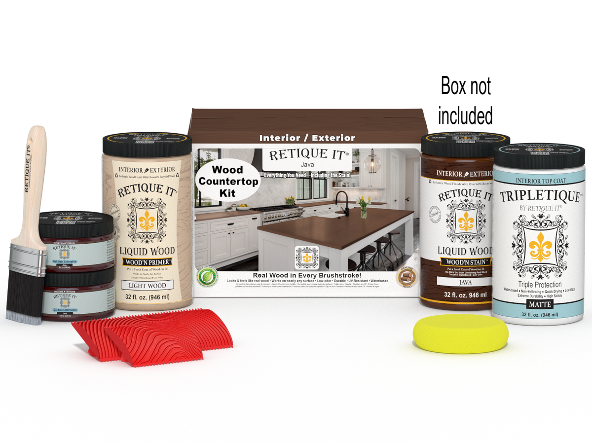 Retique It® Java countertop stain kit for full kitchen installation, shown with stain box and application tools on a countertop.