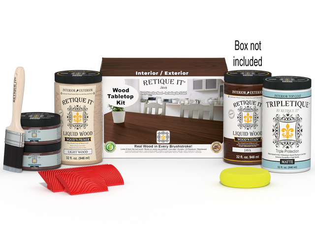Retique It Wood'n Finish Kit Java stain set for tabletops, includes four large stain jars with application tools and packaging.