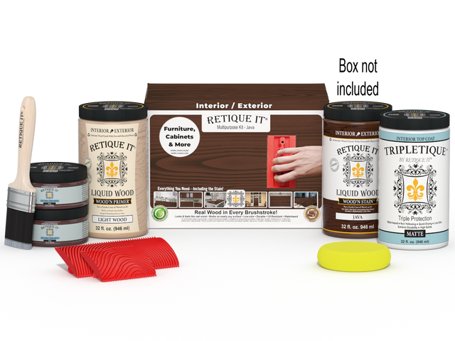 Large Java Wood'n Finish Kit by Retique It with interior top coat, includes wood finish products and application tools in a box
