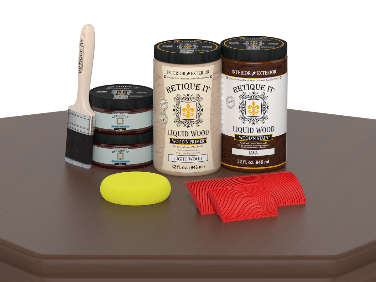 Retique It® Wood'n Cabinet Kit Java stain with 12 grained cabinet doors, showcasing natural wood grain and Java finish.