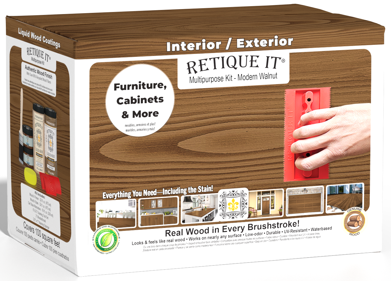 Large Modern Walnut Wood'n Finish Kit by Retique It® with tools and supplies for wood finishing projects.
