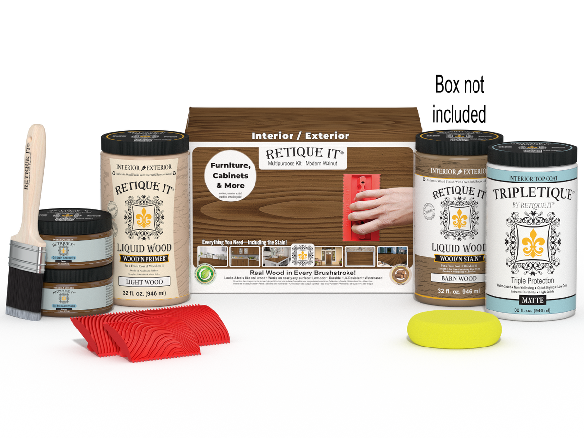 Large Modern Walnut Wood'n Kit by Retique It® for interior topcoat, includes wood finish products and application tools.
