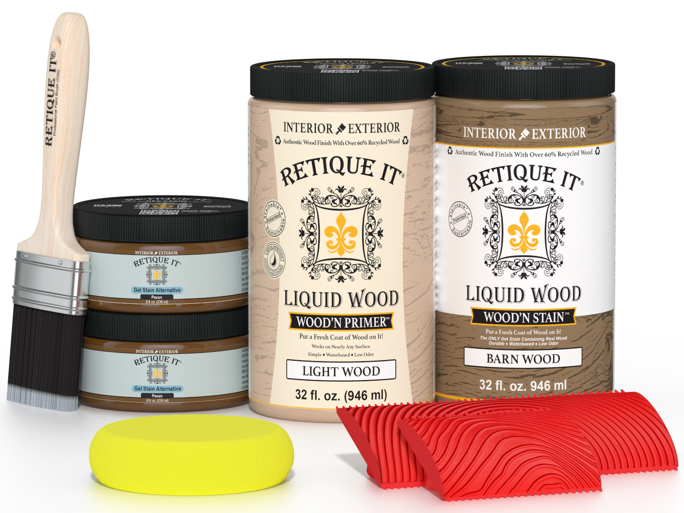 Retique It® Modern Walnut Wood Kit with primer, stains, brush, yellow sponge, and red graining tools.