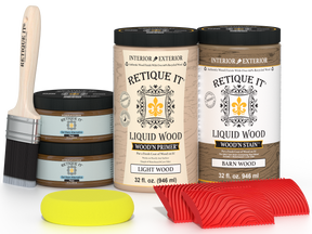 Retique It® Modern Walnut Wood Kit with primer, stain, gel stain alternative, brush, sponge, and red graining tools.