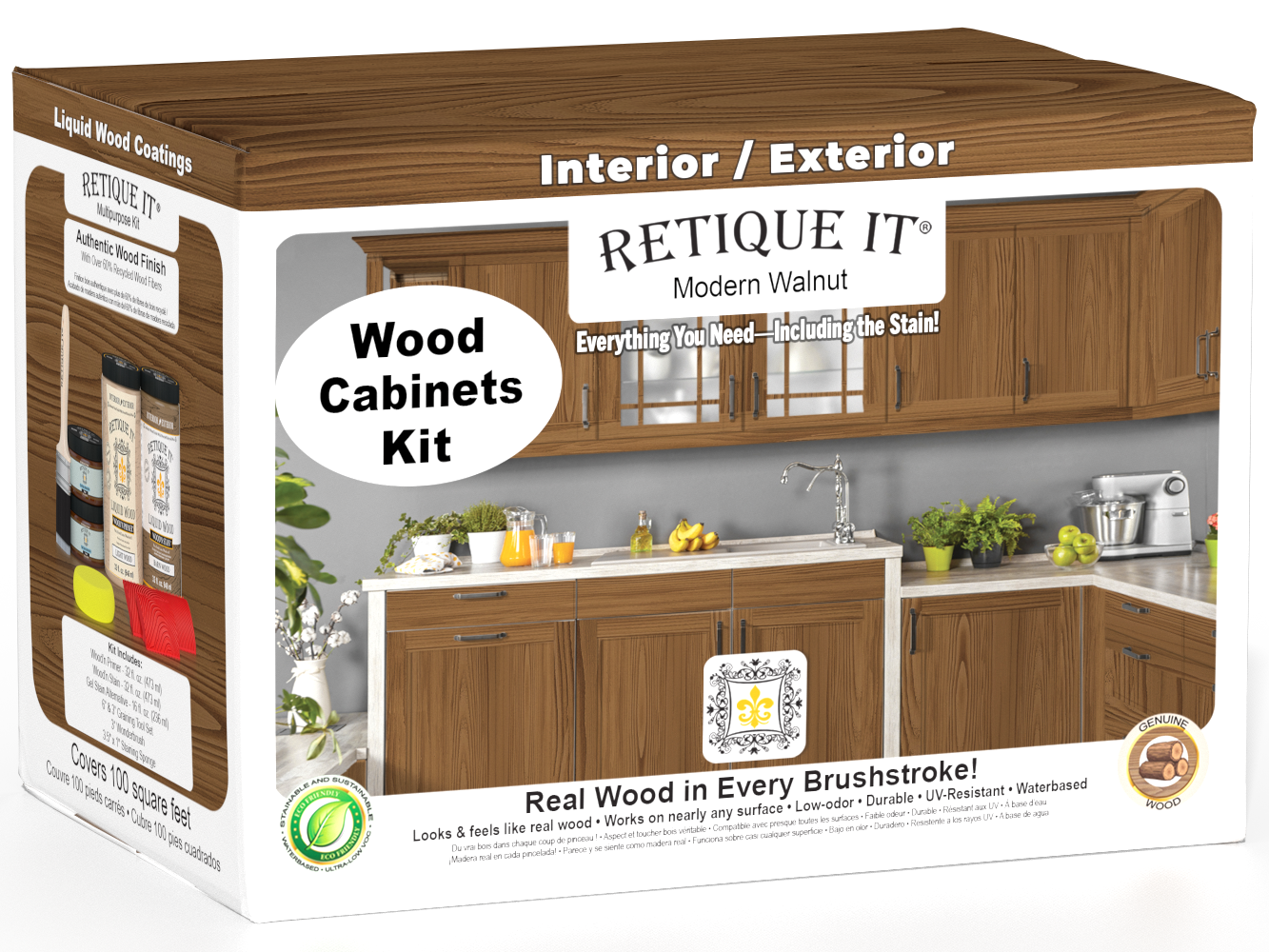 Retique It® Modern Walnut Wood Cabinets Kit packaging featuring rich wood-look kitchen cabinets.