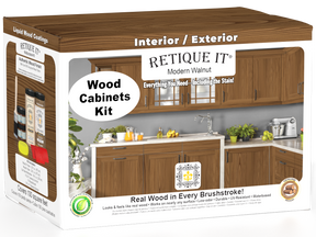 Retique It® Modern Walnut Wood Cabinets Kit packaging featuring rich wood-look kitchen cabinets.
